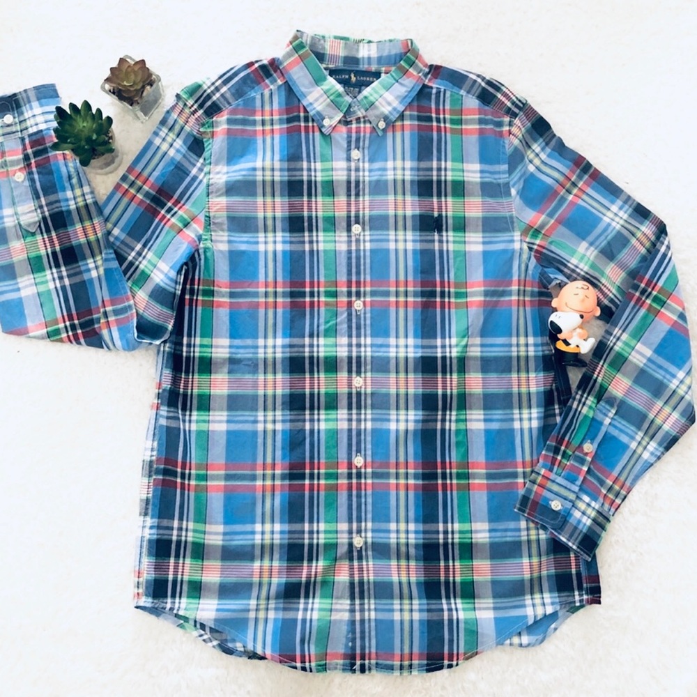 Ralph Lauren Blue Plaid Button Down Boys XL New